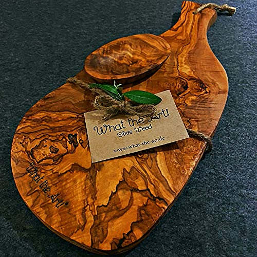 What the Art!® Olive Wood «Serrano» Gr. L | Olivenholz Schneidebrett inkl. Dip-Schälchen | Handarbeit | ca. 37 x 18 x 2 cm | Käsebrett - Servierbrett - Brotzeitbrett - Vesperbrett