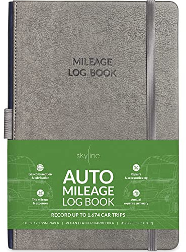 Skyline Auto Mileage Log Book – Vehicle Logbook with Expense Tracker – Driving Logger Book for Tracking Car Mileage, Expenses, Gas Consumption & Lubrication – Hardcover, A5 Size, 5.8x8.3″ (Gray)