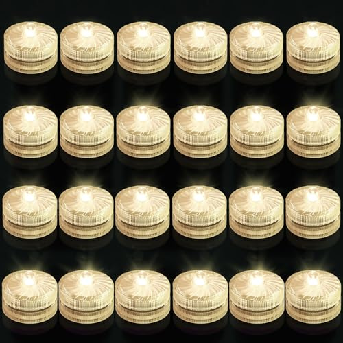 Idyl Light Luci LED Subacquee, Candele LED a Batteria a Luce Calda Impermeabili, 24 Pezzi, Luce per Piscina, Acquario, Vaso, Vasca da Bagno, Piscina o Spa
