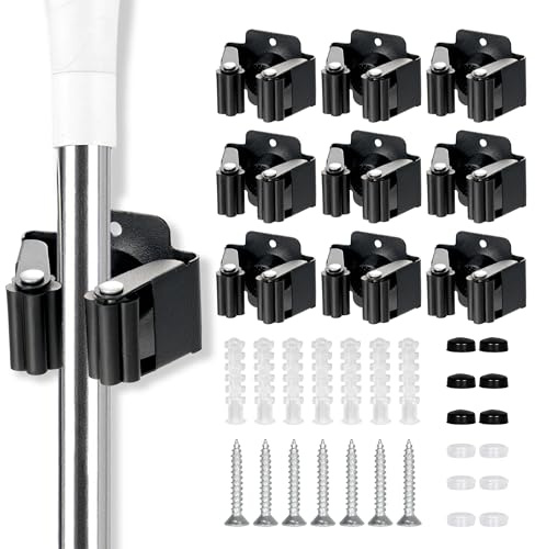 YOCOLE 9 Stück Gerätehalter Set, Besenhalterung Wand Gartengerätehalter Besenhalter, Wandhalterung für Besen Gartengeräte Schaufel Wischmopp, Stahl Werkzeughalter Zuhaus Garten Garage, Schwarz