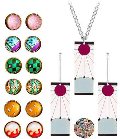 YouU Demon S. Set de aretes, pendientes, collar Tanjiro Joyería de moda Accesorios Adhesivos de anime 33 piezas