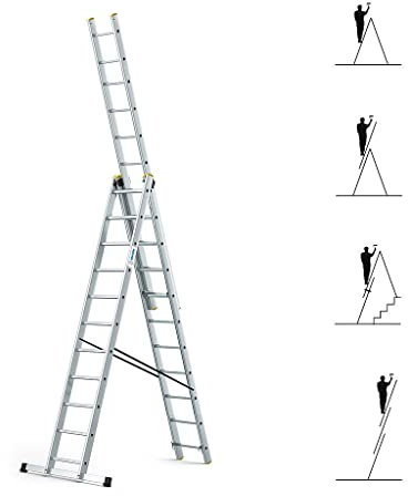 Echelle transformable 3 plans StablePro 3x11 marches aluminium extensible coulissante, 6 positions, hauteur travail max 6,31m, garantie 5 ans, Hostrom