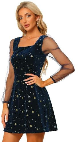 Allegra K - Abito da Donna in Velluto Glitterato Scintillante a Rete con Maniche Trasparenti e Stelle metallizzate, Blu Scuro, M