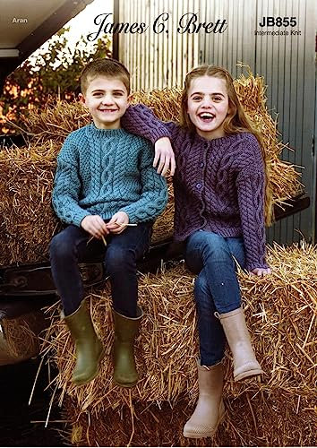 James Brett Aran Knitting Pattern for Boys Girls Cable Knit Cardigan & Sweater (JB855)
