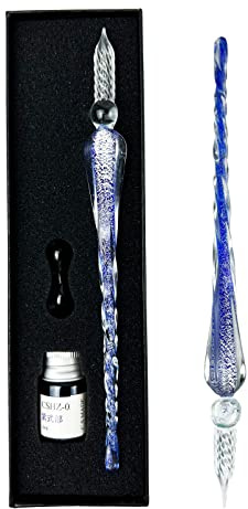 EACHHAHA Juego de bolígrafo de inmersión de vidrio y tinta, bolígrafos de caligrafía de vidrio con tinta y soporte, escritura, decoración y regalo de negocios (Azul Oscuro)