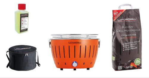 LotusGrill S Arancio Starter-Set, 1 griglia, 1 carbone di faggio da 2,5 kg, 1 pasta combustibile da 200 ml, 1 borsa per il trasporto (Orange)