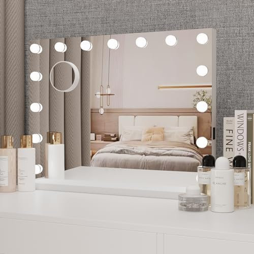 YOURLITE Hollywood Vanity Mirror with Lights, 58×45cm Lighted Makeup Mirror with 15 Dimmable Led Bulbs, 3 Lighting Modes, Touch Screen Control, Tabletop and Wall Mounted for Bedroom
