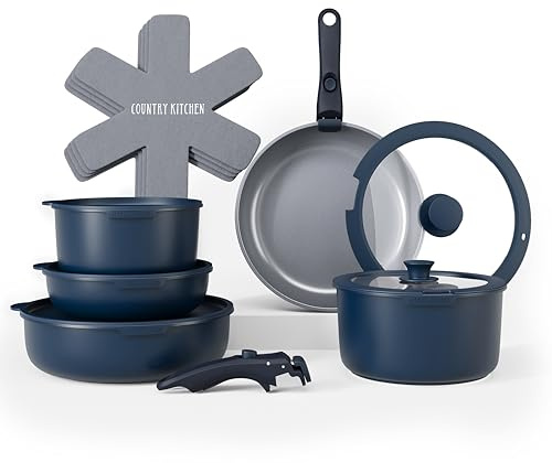 Country Kitchen 16 Piece Pots and Pans Set - Safe Nonstick Kitchen Cookware with Soft Touch Removable Handle, RV Cookware Set, Oven Safe (Denim)