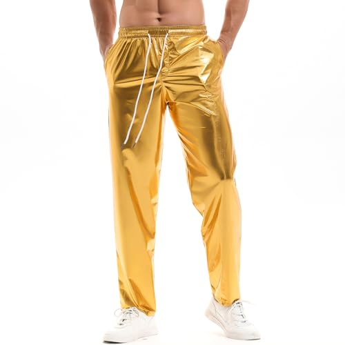 Amy Coulee Mens Metallic Trousers Shiny Disco Pants Sparkly Trousers with Pockets (Gold, 2XL)