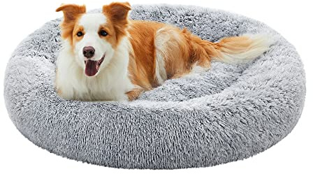 Feandrea hundbädd fluffig, kattbädd, donut-kudde, tvättbar, avtagbar stoppning i mitten, lång plysch, 90 cm diameter, ombré grå PGW041G01