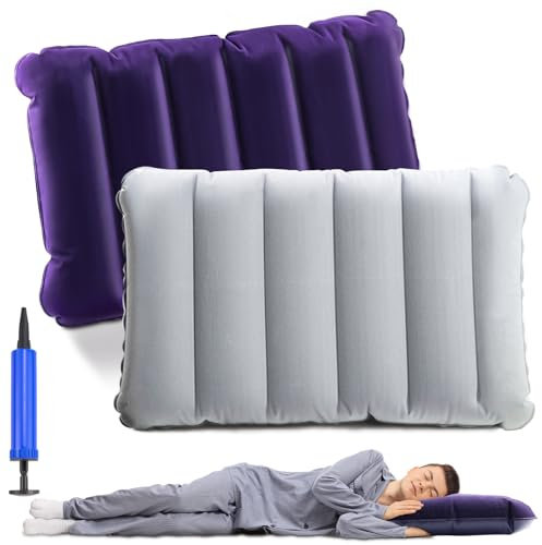UVVRUR Aufblasbares Kissen Luftkissen Kopfkissen 2 Stück Nackenkissen Strandkissen Camping Reisekissen Velour Kissen für Camping und Reisen für Büro Outdoor (Dunkelblau und grau)