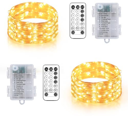 Gresonic 2 Stück 10M 100 LED Lichterkette Innen Batterie, 12 Modi Timer Silberdraht Micro Lichterkette IP44 Wasserdicht Warmweiß mit Fernbedienung für Außen Garten Hochzeit Balkon