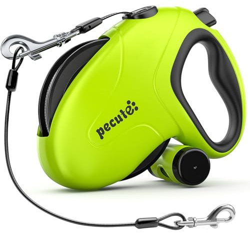 Pecute 10 m/32 fot infällbar hundkoppel med bajspåsehållare, tuggsäkert hundkoppel med 360° trasselfritt utökat, halkfritt handtag och snabbbromsknapp, lämplig för hundar upp till 50 kg/110 lbs i vikt