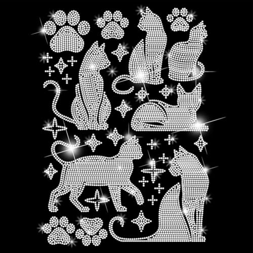 SUPERDANT Gatos y estrellas de transferencia de diamantes de imitación para planchar en degradado, corazón brillante, camiseta de transferencia de diamantes de imitación, calcomanías de transferencia