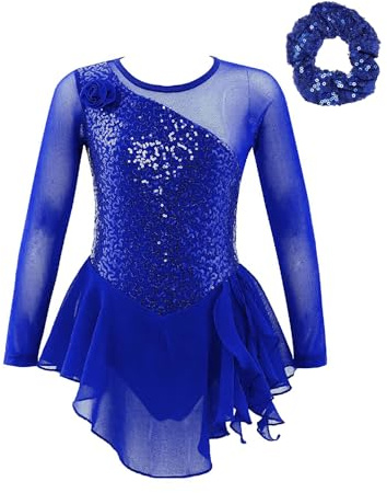 Alvivi Vestido Baile de Patinaje Artistico Niña Brillantes Maillot con Falda Gimnasia Rítmica de Manga Larga con Diadema Traje Patinaje Competición Niña
