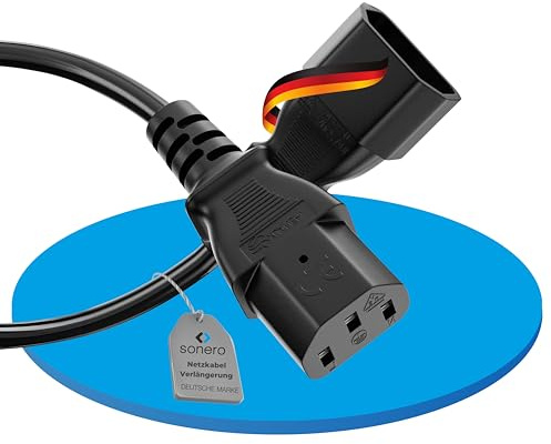 sonero Kaltgerätekabel Kaltgeräte Verlängerung 3 Polig, 0,5m, Kaltgeräte Stecker Netzstecker C14 auf Kaltgerätekupplung C13 Buchse, Verlängerungskabel Netzkabel für Monitor PC Drucker, Schwarz