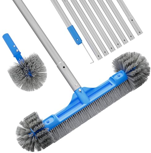 TidyMister Pool Brush Set - 20’’ 2-in-1 Detachable Round Brush with Extra Side Brush for Cleaning Hard-to-Reach Corners, 9 FT Aluminum Extended Pool Pole with Hidden Hook Retriever