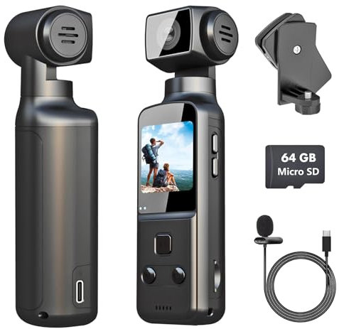 IXROAD 4K Bodycam Körperkamera, POV/Vlog/Pocket Kamera mit 270° Drehbares Objektiv, Sports Action Cam mit Externem Mikrofon, Clip und 64 GB TF-Karte