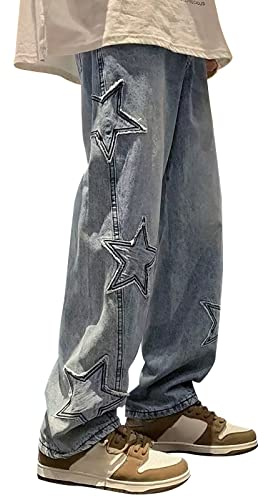 Pantalones vaqueros holgados para hombre Y2K, pantalones vaqueros vintage con estrella estampada, pantalones de mezclilla retro desgastados, pantalones de mezclilla hip hop streetwear corte holgado