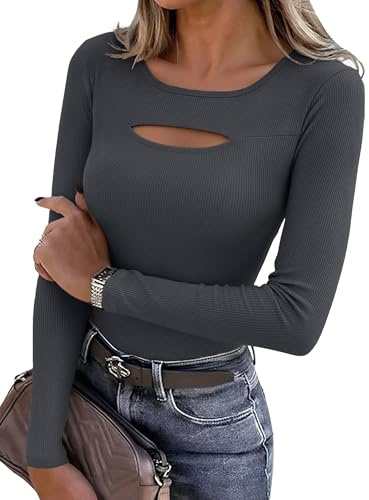 Aottori Camiseta de Mujer Manga Larga Acanalado Elástico con Cuello Redondo | Detalle Cut Out, Corte Ajustado, Tejido Ligero, Estilo Casual, Estilo Elegante, Forma de Túnica