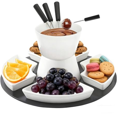 Service à fondue au chocolat en céramique , 300 ml, avec 4 assiettes et 4 fourchettes, idéal pour la fondue au fromage, les repas de famille, les desserts et les pique-niques. Blanc.