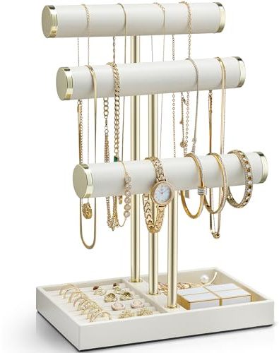 Vlando 3 Tier Jewellery Stand with Tray, Necklace Stand Bracelet Holder, Jewellery Holder for Bracelets Earrings Rings,Beige