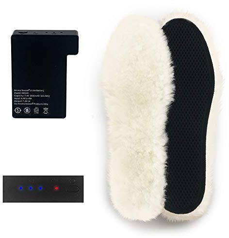 AROMA SEASON Beheizbare Einlegesohlen mit Akku aus Schafswolle | Warme beheizte Füße beim Skifahren, Snowboarden, Wandern, Angeln | hohe Heiz- und Akkuleistung | Schuhsohle (Beige, Schwarz, 39 EU)