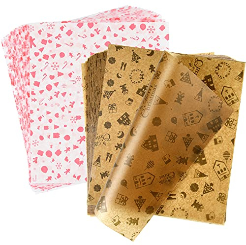 ASTARON 100 Pcs Christmas Wax Paper Sheets for Food Wrapping (Brown Red) | Christmas Wax Paper for Cookies Sandwich Wrapping,Fried Food Basket Liner Paper,Oil-proof Paper Pads for Cake Packaging