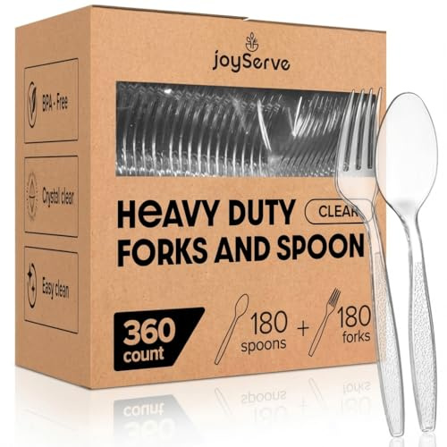 Plastic Forks and Spoons Set - (Bulk Pack 360 Pcs) Clear Plastic Cutlery Utensils Heavy Duty, 180 Forks and 180 Spoons, Silverware Sets for Party Supplies, Dinners, Take-Out, Catering, Food Services