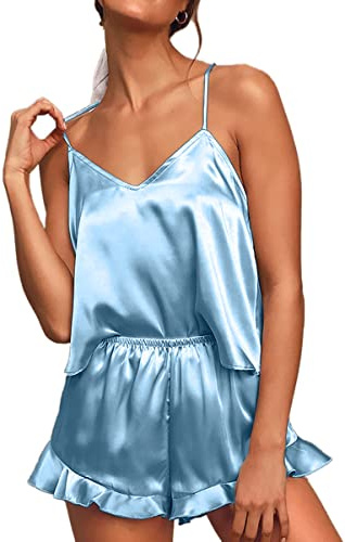 CHYRII Conjunto de pijama sexy de satén de seda con volantes para mujer