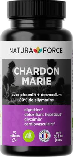 NATURA FORCE - Chardon Marie - Pur extrait de Chardon-Marie titré à plus de 80% en silymarine - Aide à combattre les troubles digestifs – Garantie sans ingrédients ajoutés - 90 Gélules végétales