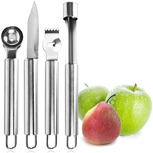 Robin Goods® Set 4 pezzi di detorsolatore in acciaio inossidabile - pratico strumento per frutta in metallo - taglierino per frutta varia - accessori per la cucina (Set - 4 pezzi)