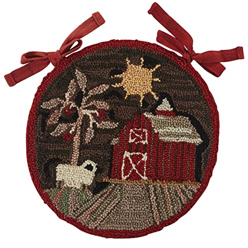 Park Designs Farm Life Round Chair Pad | Hooked Floral Chair Cushion with Ties | 14.5 Dia | Folk Art Design by Teresa Kogut | Handcrafted Polyester Yarn | Country & Primitive Decor