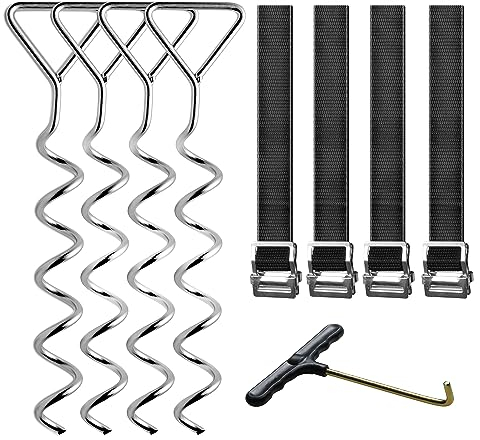Juego de 4 estacas de anclaje para cama elástica resistente con gancho en T, forma de sacacorchos, estacas de acero, piezas de trampolín, kit de amarre para el viento del suelo con correas de cinturón