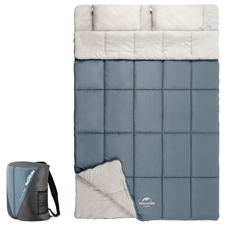 Naturehike Double Sac de Couchage Avec 2 Oreillers, Sac de Couchage Rectangulaire Camping Pour 2 Personnes Détachable Confortable Pour Tentes Camion Randonnée Extérieur Intérieur, 215x145cm