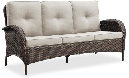 Belord Outdoor Patio Furniture - Wicker Sofa with Removable Cushion, 3 Seater Rattan Couch with Deep Seat, High Backrest, All-Weather for Balcony, Deck, Backyard, Brown/Beige