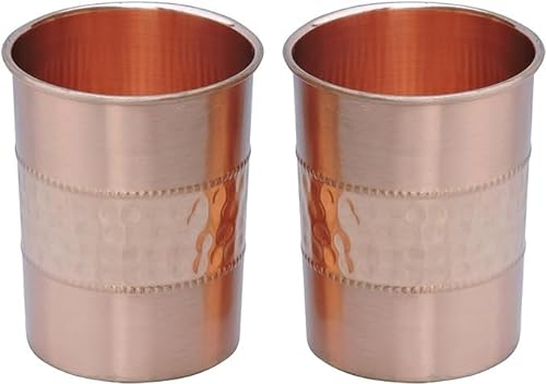 ANCIENTIMPEX Kupferbecher, 2er-Set, gehämmert und schlicht, 250 ml Fassungsvermögen für Ayurveda-Gesundheitsvorteile (gerade), ANC-CT-103
