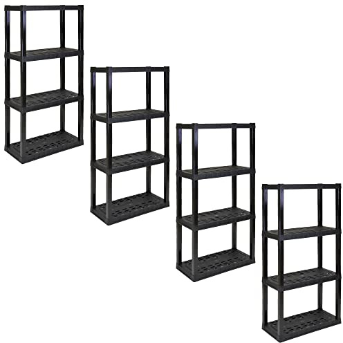 4 Tier Shelf Garage Plastic Shelving Unit Storage Shelves 400 lbs (180 kg) Interlocking Racking Shelves Multipurpose Organizer for Kitchen Workshop Office 35.56 x 76.20 x 144.78 cm Pack of 4- Black