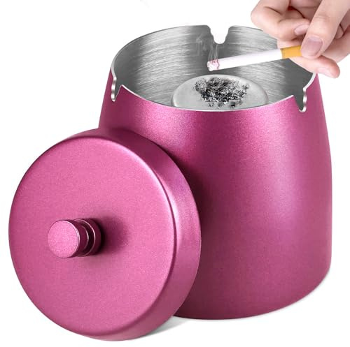 Askkopp, askkopp med lock (12 × 10 × 12 cm), askkopp i rostfritt stål för utomhusbruk, stormaskskopp som vindaskkopp, stående askkopp med halkfri botten för utomhus- och inomhusbruk (rosenröd)