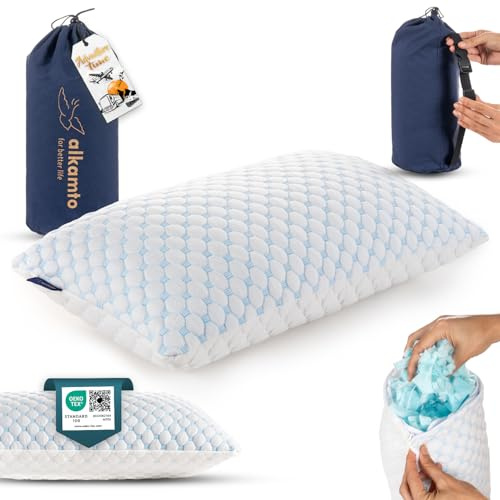 alkamto Cuscino da Viaggio Rinfrescante in Memory Foam – Gel Regolabile per Supporto Individuale – Lato in Seta Gelata e Lato in Rayon Morbido – Leggero e Compressibile