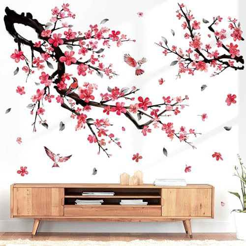 wondever Wandtattoo Pflaumenblüte Baum Ast Wandaufkleber Kirschblüte Blumen Rot Vogel Wandsticker Wanddeko für Schlafzimmer Wohnzimmer Sofa Hintergrund