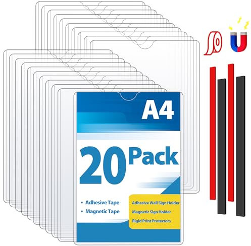 VAIIGO 20 Pcs Cadre Magnétique Auto-adhésif A4, Cadre d'information Avec bande adhésive et magnétique, Informations sur le Cadre, Affichage Étanche, Couvertures pour Signe, Photos, Document
