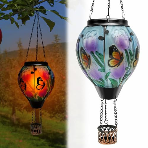 Montgolfière solaire à LED 52 cm - Capteur de lumière intelligent - Étanche - Motif papillon - Lanterne solaire pour l'extérieur - Pour véranda, arbre, tonnelle, balcon, rebord de fenêtre
