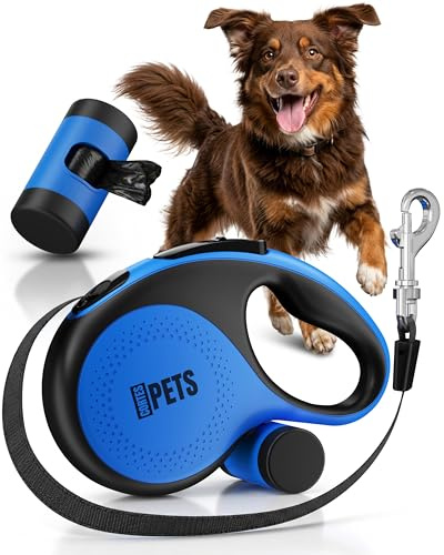 CORTES PETS rullkoppel hundkoppel 8m för stora och små hundar upp till 50 kg – utdragbart hundkoppel 8 m med bajspåse – infällbart – flexi belt – utdragbart koppel (blå, M | 5m | 30kg)