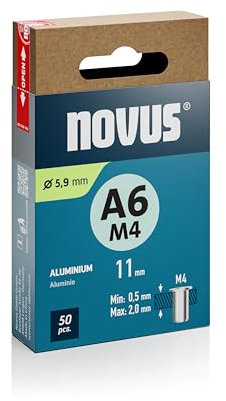 NOVUS TOOLS Dadi per rivetti ciechi in alluminio, diametro 5,9 mm, filettatura M4, lunghezza 11 mm, 50 dadi rivetti, lunghezza morsetto 0,5 – 2,0 mm, ideale per fissaggio in metallo, plastica e