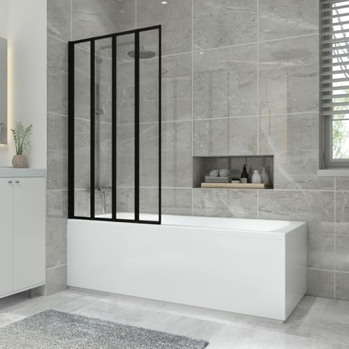 NRG 1700x700mm Bathroom Acrylic Straight Bath Bathtub + Black 4 Panel Folding Bath Screen with White Front & End Panel