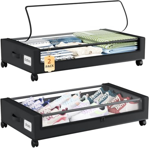 Somdot 2 Pièces Rangement sous Lit, 48L Boîte Rangement sous Lit avec Roues, Couvercle, Zip, Organisateur Pliable pour Vêtements, Linge de Lit, Chassures, 43.5P x 78.5l x 17H, Noir
