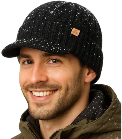 TOP-EX DryKnit™ Gorro de punto impermeable de lana Merino L/XL/XXL con visera forrado de forro polar, gorro de invierno cálido para hombre y mujer, Negro , XL-XXL