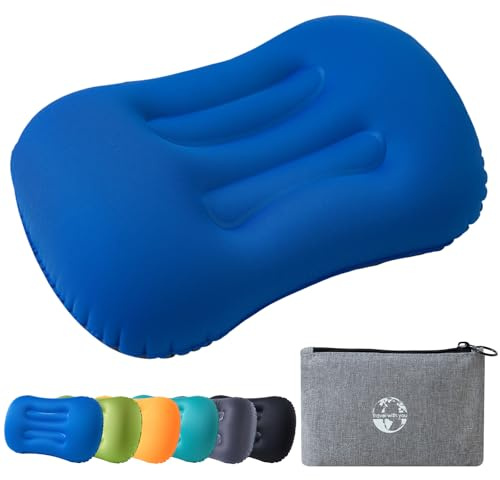 JetsCush Uppblåsbar Campingkudde Lätt Kompakt Resekudde med Ergonomiskt Stöd för Camping, Vandring, Ryggsäck, Resor och Strand – Campingutrustning Tillbehör & Utrustning (Blå) | Ergonomisk luftkudde liten packbar för camping vandring vandring resor strand blå