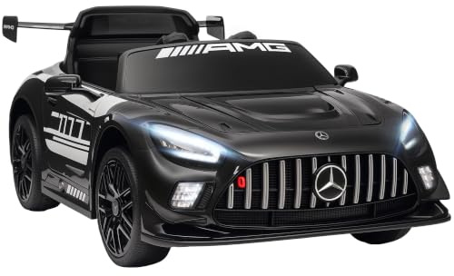 AIYAPLAY Elbil för barn, Mercedes-AMG 12 V, barnbil med 2 motorer, 2,4 GHz fjärrkontroll, LED-lampa, horn, trådlös musik, mjuk start, stödhjul, dragstång, för 3–8 år, svart